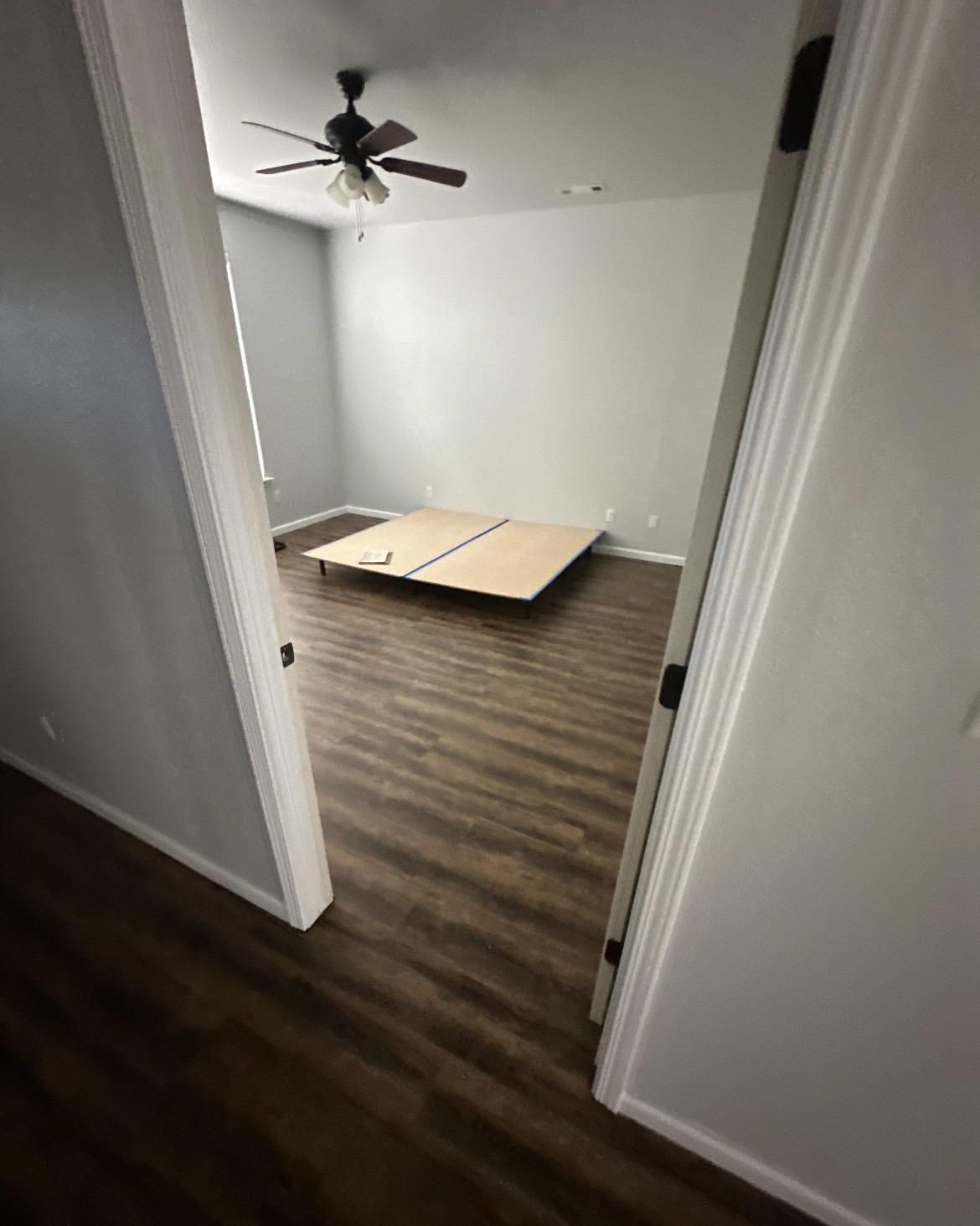 Hallway and room with continuous wood-look plank flooring and clean trim work